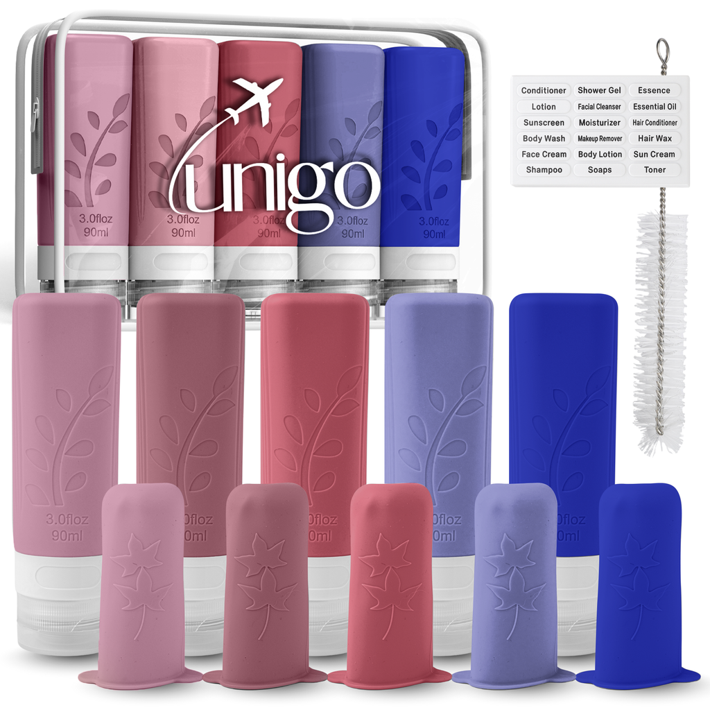 Unigo 14-pack Travel Bottles for Toiletries, 3 oz TSA Approved Travel Size Bottles, Extra Bottle Covers