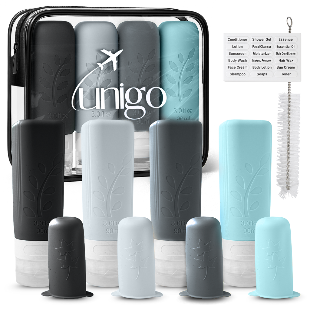 Unigo 12-pack Travel Bottles for Toiletries, 3 oz TSA Approved Travel Size Bottles, Extra Bottle Covers