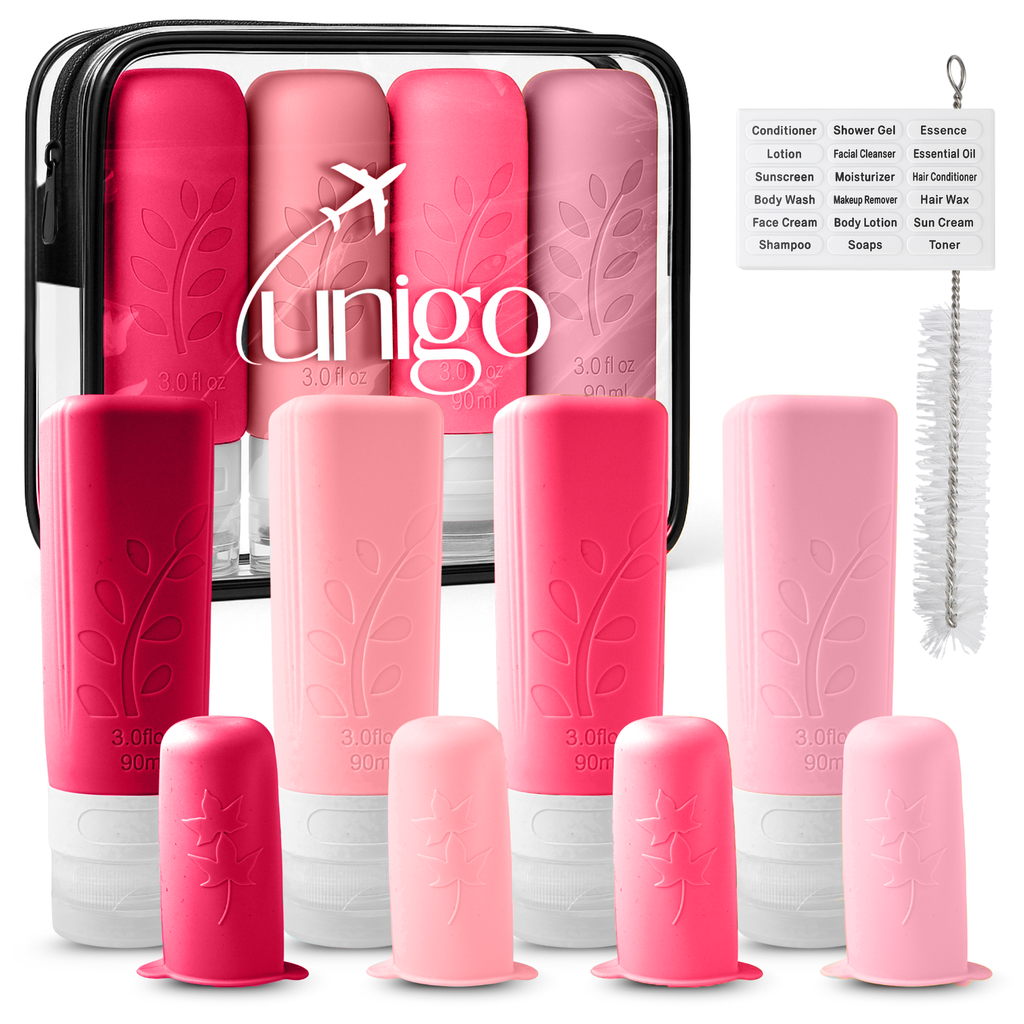 Unigo 12-pack Travel Bottles for Toiletries, 3 oz TSA Approved Travel Size Bottles, Extra Bottle Covers