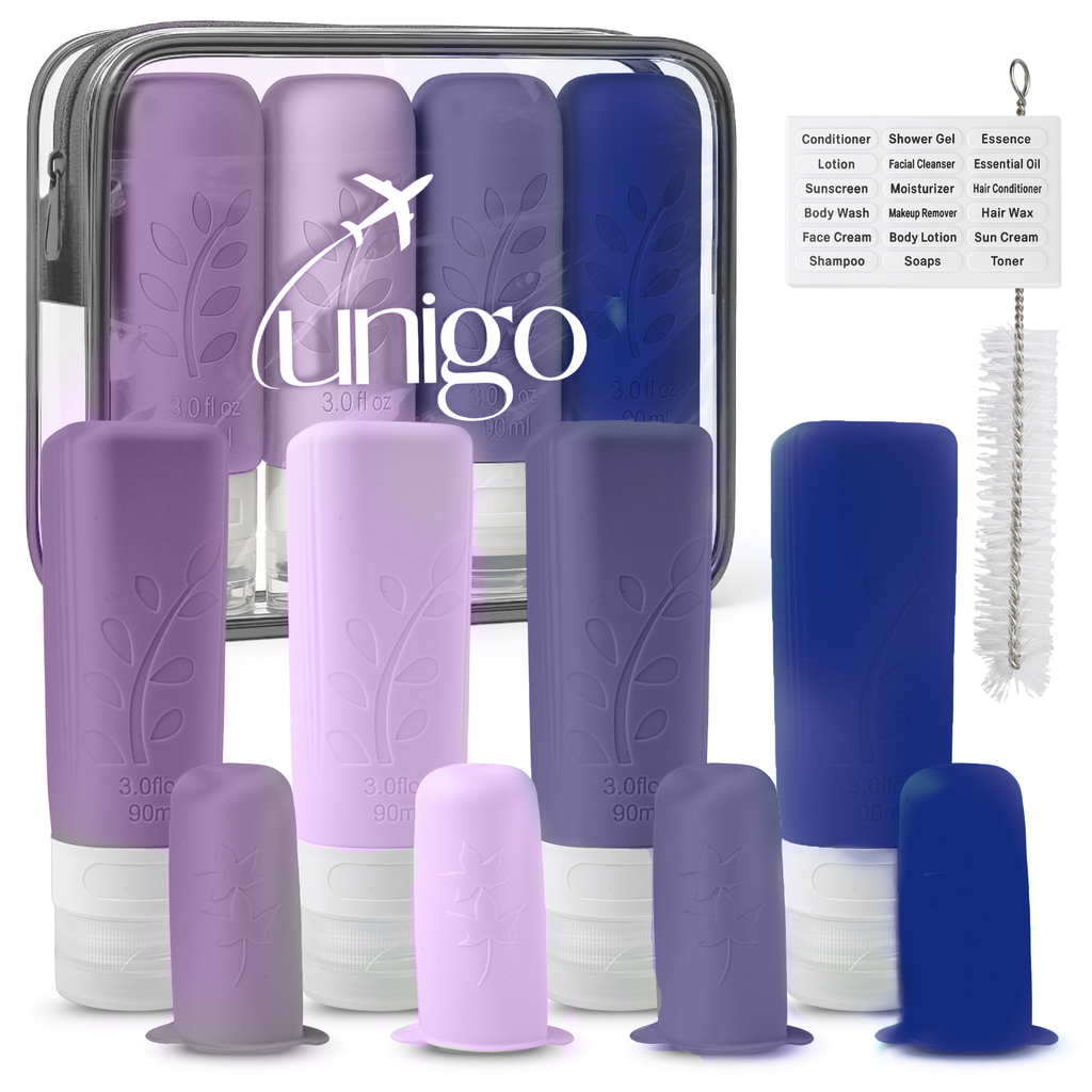 Unigo 12-pack Travel Bottles for Toiletries, 3 oz TSA Approved Travel Size Bottles, Extra Bottle Covers