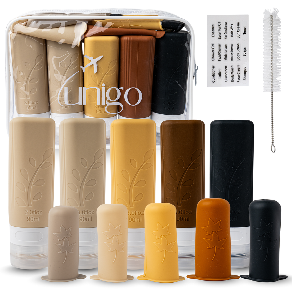 Unigo 14-pack Travel Bottles for Toiletries, 3 oz TSA Approved Travel Size Bottles, Extra Bottle Covers
