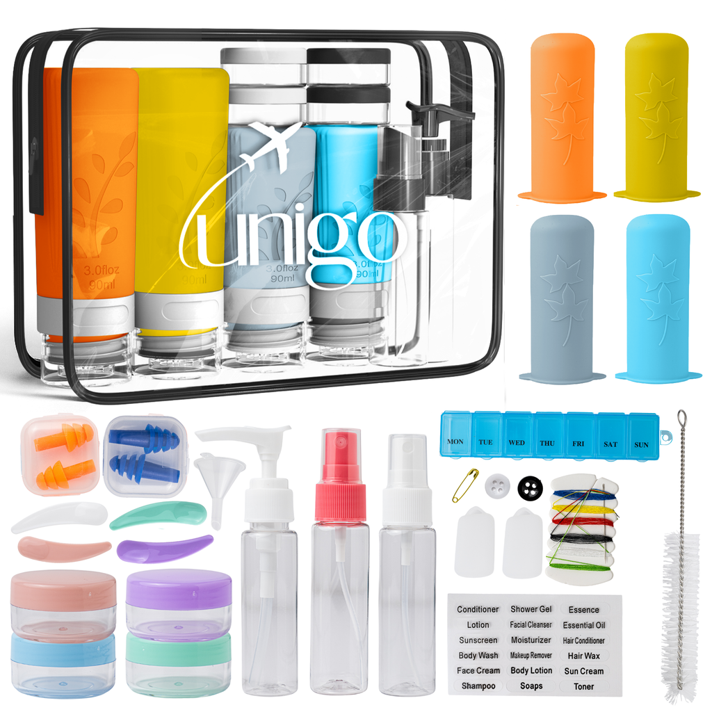 Unigo 30-pack Travel Bottles for Toiletries, TSA Approved Travel Size Bottles, Extra Travel Essentials