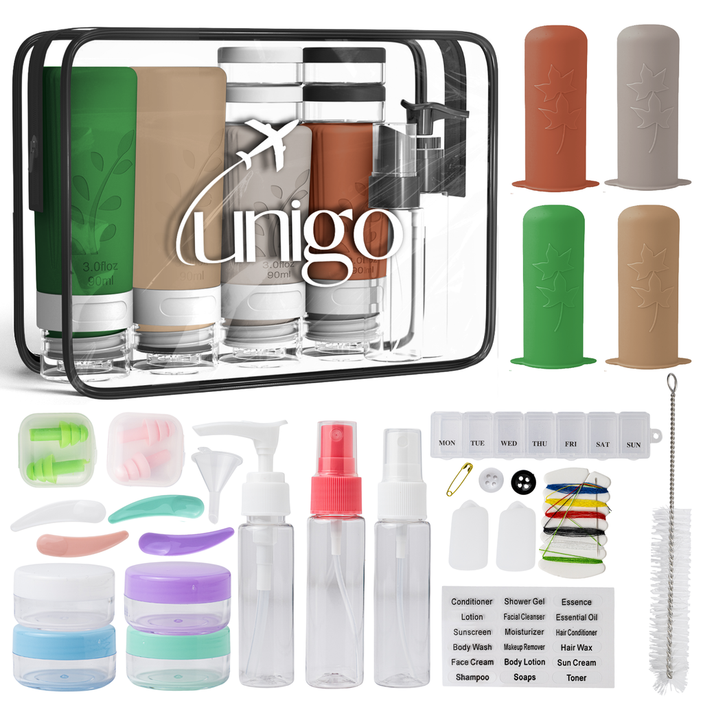 Unigo 30-pack Travel Bottles for Toiletries, TSA Approved Travel Size Bottles, Extra Travel Essentials