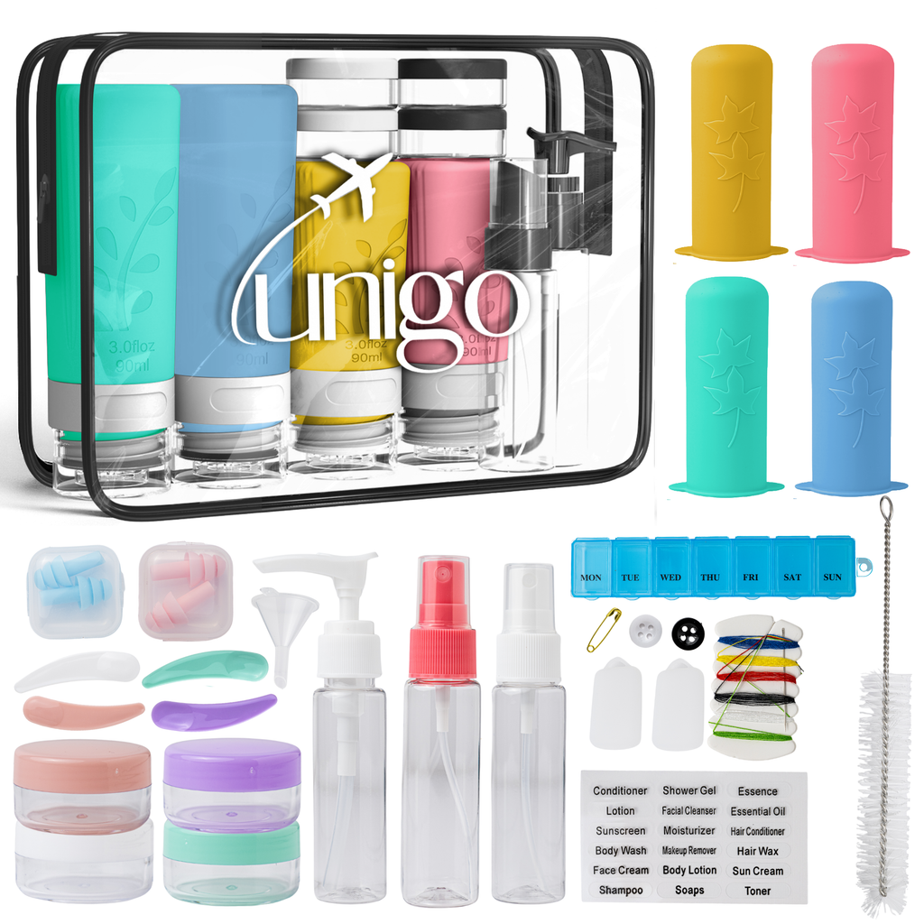 Unigo 30-pack Travel Bottles for Toiletries, TSA Approved Travel Size Bottles, Extra Travel Essentials