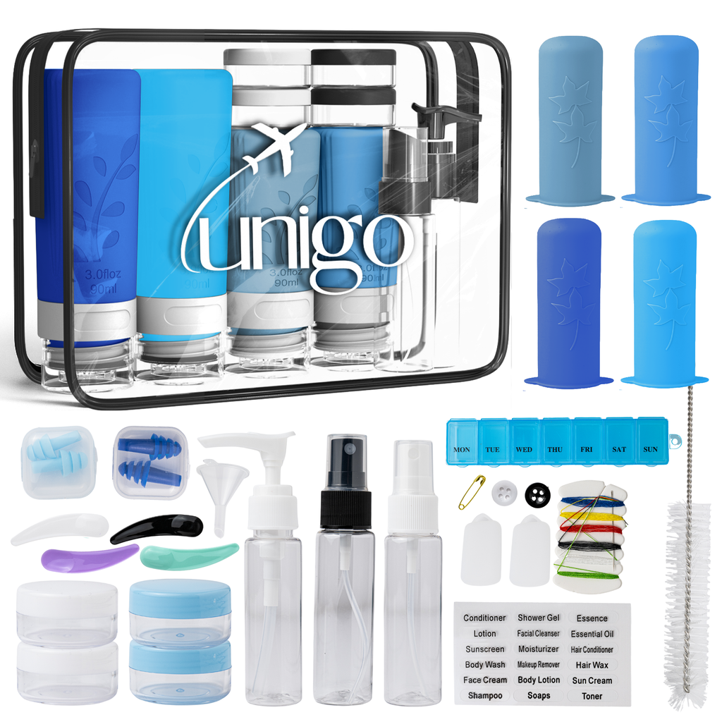 Unigo 30-pack Travel Bottles for Toiletries, TSA Approved Travel Size Bottles, Extra Travel Essentials