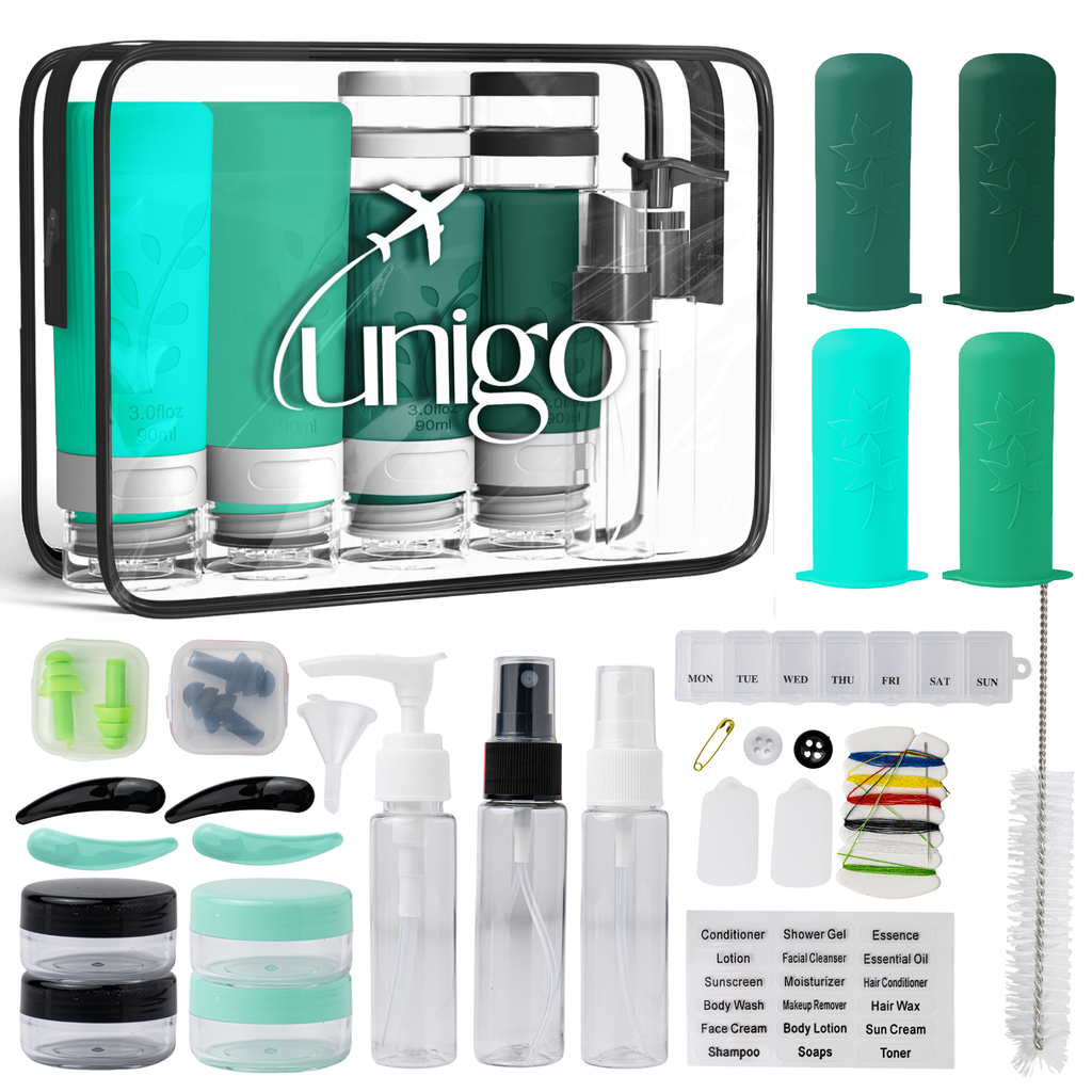 Unigo 30-pack Travel Bottles for Toiletries, TSA Approved Travel Size Bottles, Extra Travel Essentials