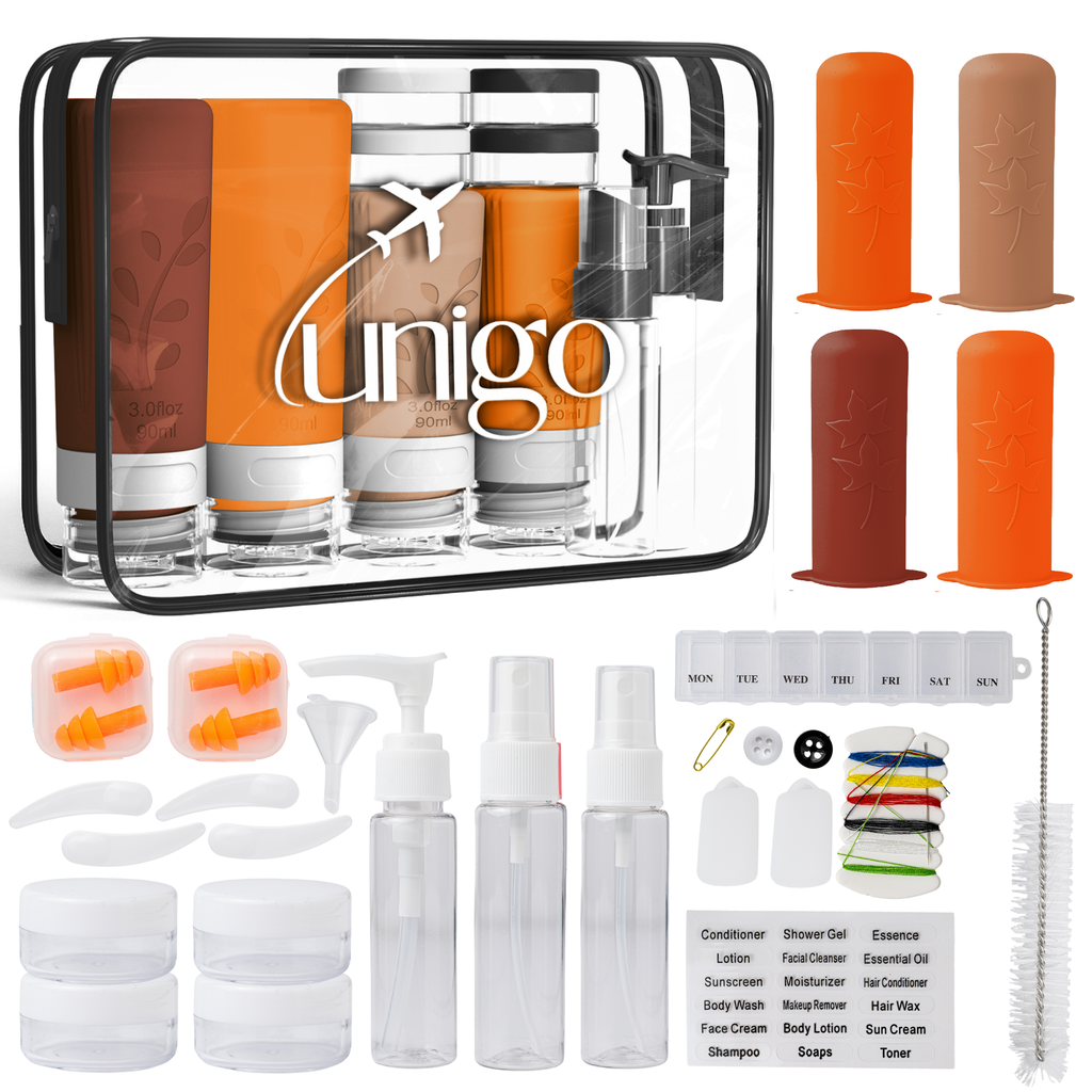 Unigo 30-pack Travel Bottles for Toiletries, TSA Approved Travel Size Bottles, Extra Travel Essentials