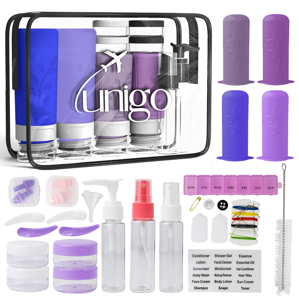 Unigo 30-pack Travel Bottles for Toiletries, TSA Approved Travel Size Bottles, Extra Travel Essentials