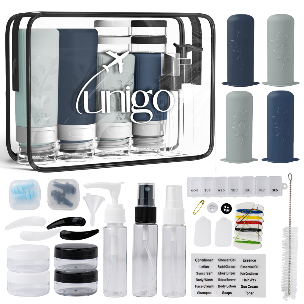 Unigo 30-pack Travel Bottles for Toiletries, TSA Approved Travel Size Bottles, Extra Travel Essentials