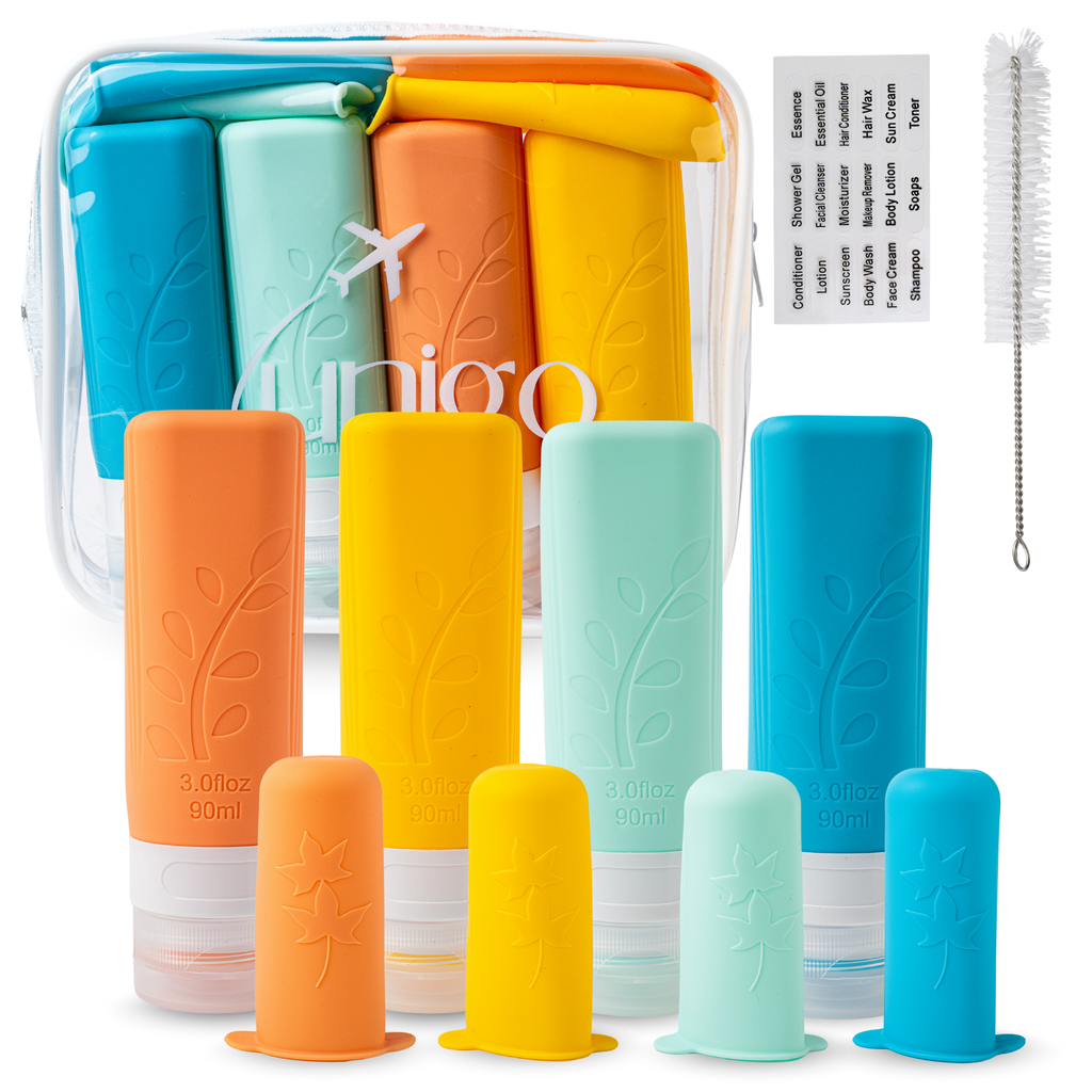 Unigo 12-pack Travel Bottles for Toiletries, 3 oz TSA Approved Travel Size Bottles, Extra Bottle Covers