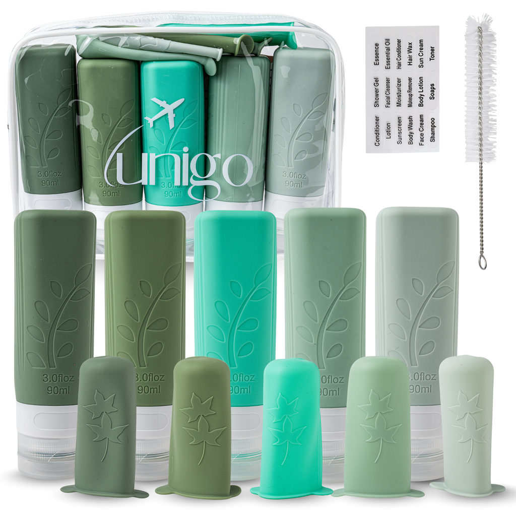 Unigo 14-pack Travel Bottles for Toiletries, 3 oz TSA Approved Travel Size Bottles, Extra Bottle Covers