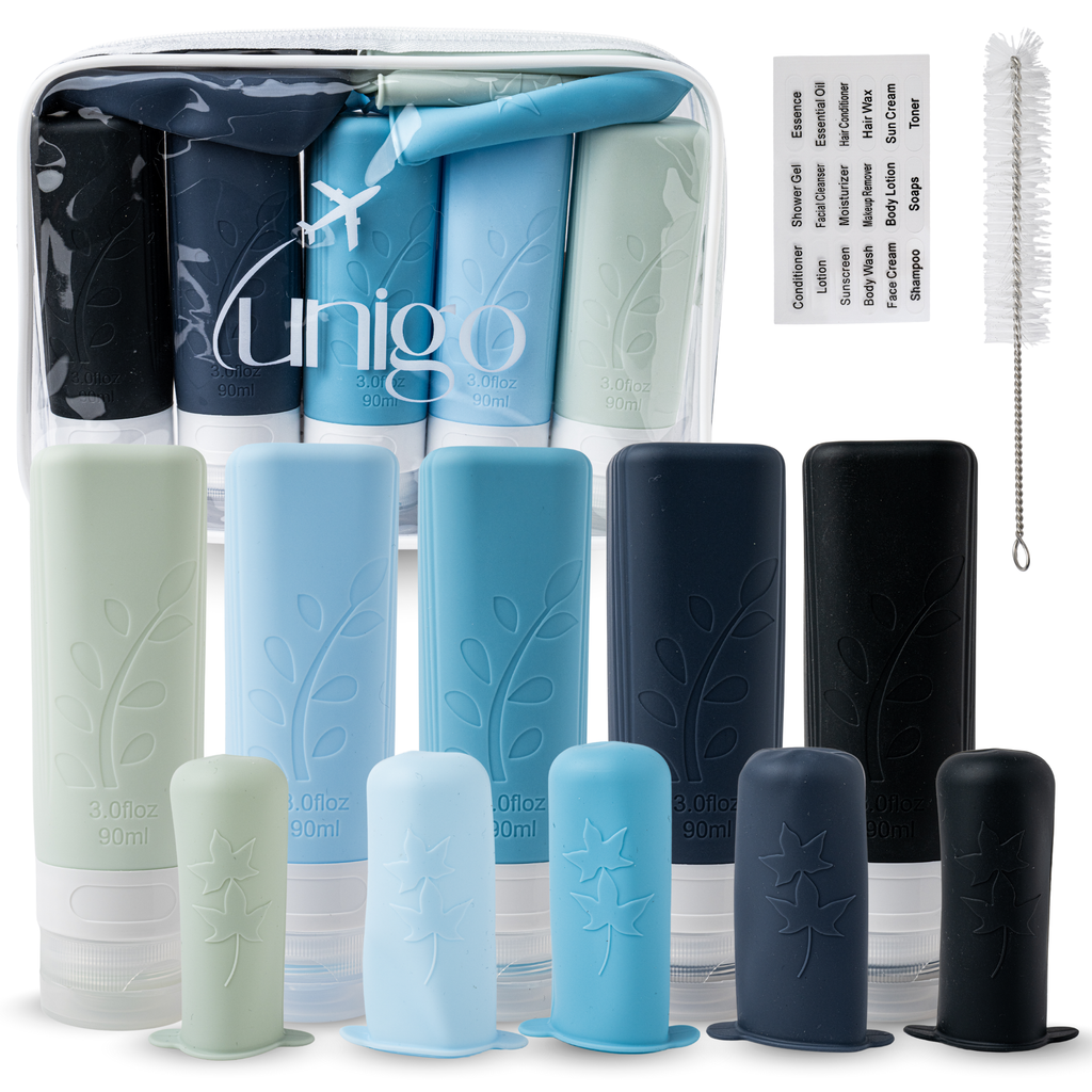 Unigo 14-pack Travel Bottles for Toiletries, 3 oz TSA Approved Travel Size Bottles, Extra Bottle Covers