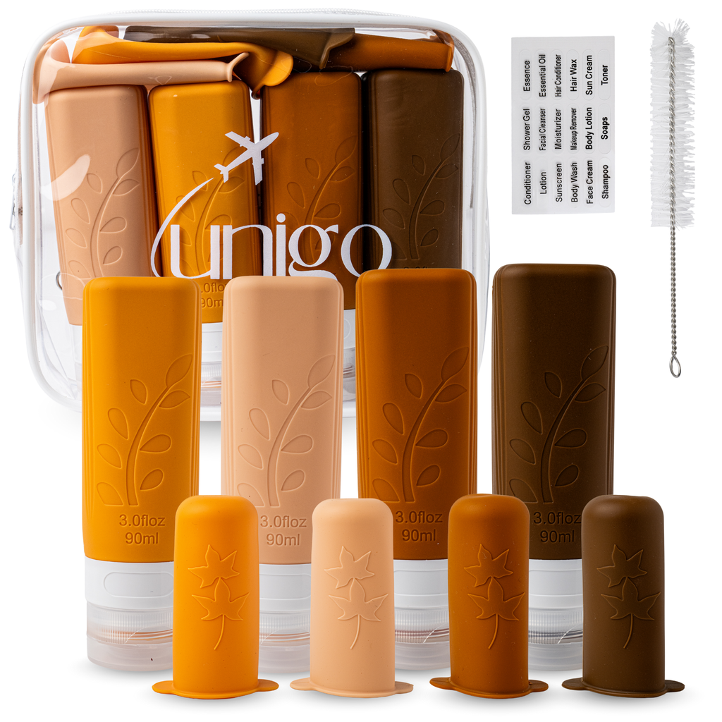 Unigo 12-pack Travel Bottles for Toiletries, 3 oz TSA Approved Travel Size Bottles, Extra Bottle Covers