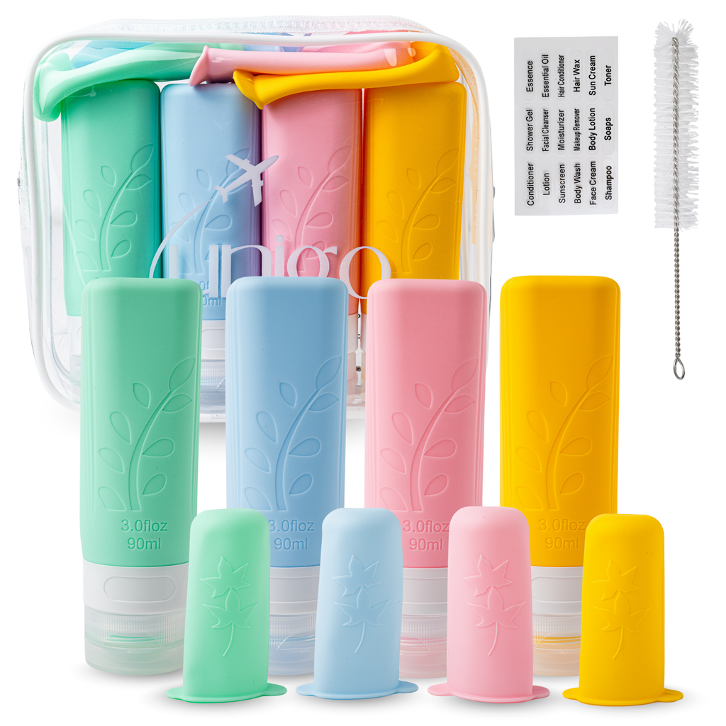 Unigo 12-pack Travel Bottles for Toiletries, 3 oz TSA Approved Travel Size Bottles, Extra Bottle Covers