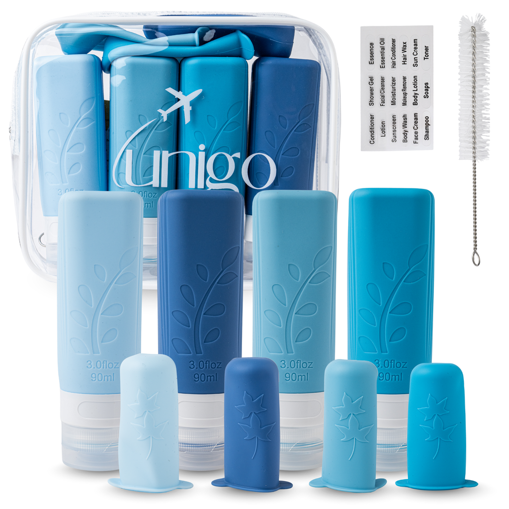 Unigo 12-pack Travel Bottles for Toiletries, 3 oz TSA Approved Travel Size Bottles, Extra Bottle Covers