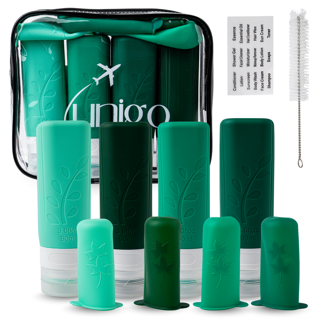 Unigo 12-pack Travel Bottles for Toiletries, 3 oz TSA Approved Travel Size Bottles, Extra Bottle Covers