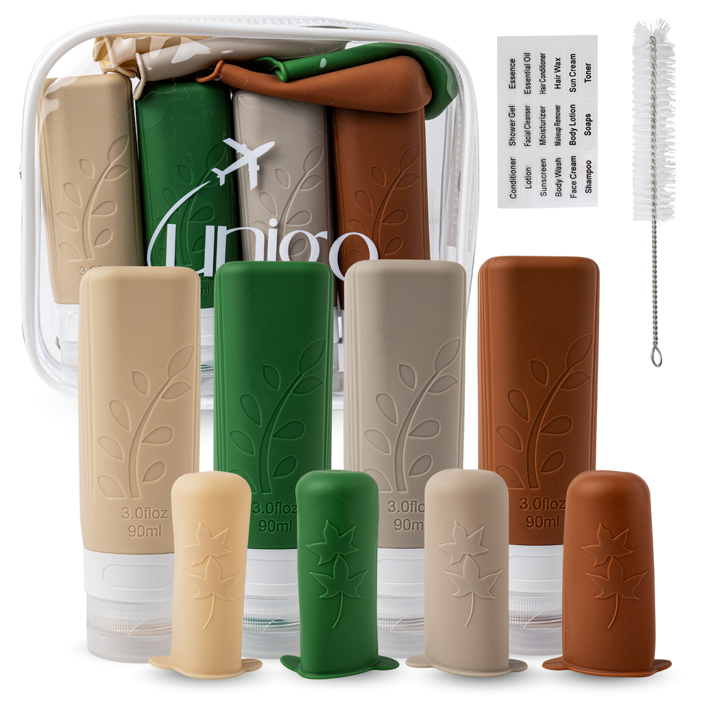 Unigo 12-pack Travel Bottles for Toiletries, 3 oz TSA Approved Travel Size Bottles, Extra Bottle Covers