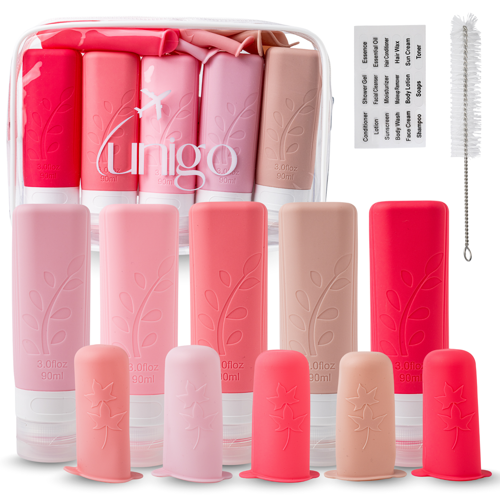Unigo 14-pack Travel Bottles for Toiletries, 3 oz TSA Approved Travel Size Bottles, Extra Bottle Covers