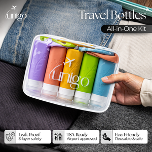 Unigo 14-pack Travel Bottles for Toiletries, 3 oz TSA Approved Travel Size Bottles, Extra Bottle Covers