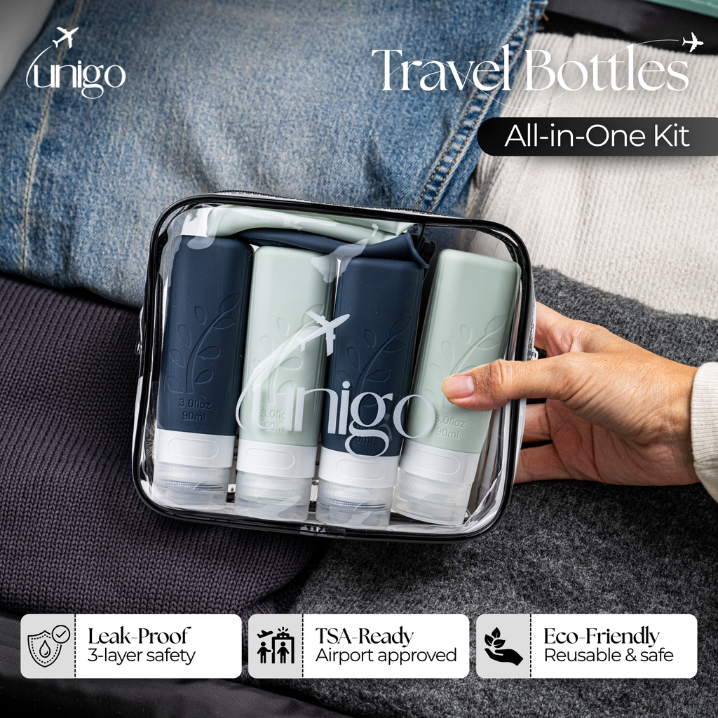 Unigo 12-pack Travel Bottles for Toiletries, 3 oz TSA Approved Travel Size Bottles, Extra Bottle Covers